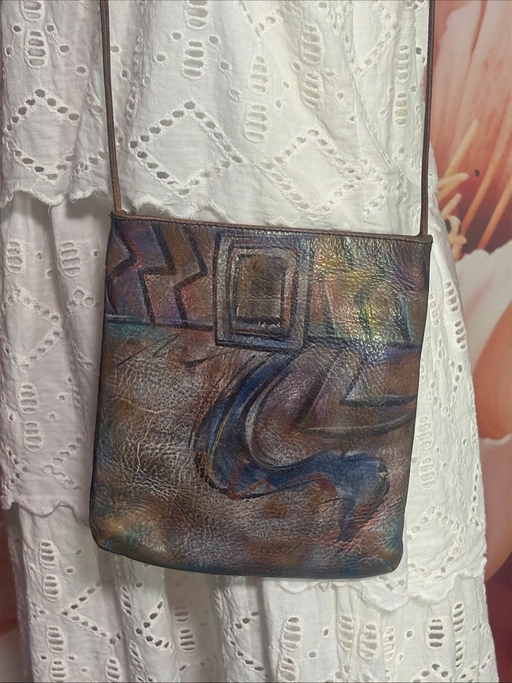 Vintage Jane Yoo Hand Painted Leather Crossbody Bag Abstract Art Boho USA